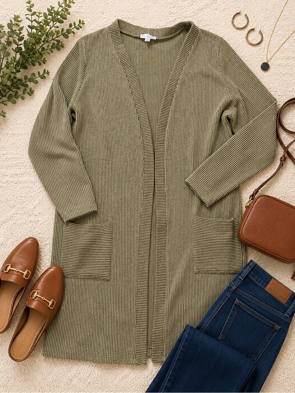Jillian N 2X Olive Green Ribbed Longline Open Front Cardigan Sweater Plus Size